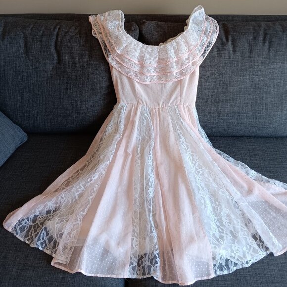 Vintage Pink Swiss Dot Lace Dress Cottagecore Prairie Frilly Dress Lolita - Picture 6 of 9